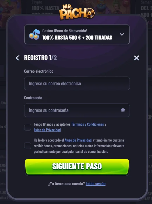 MrPacho Casino registro de cuenta con bono de bienvenida